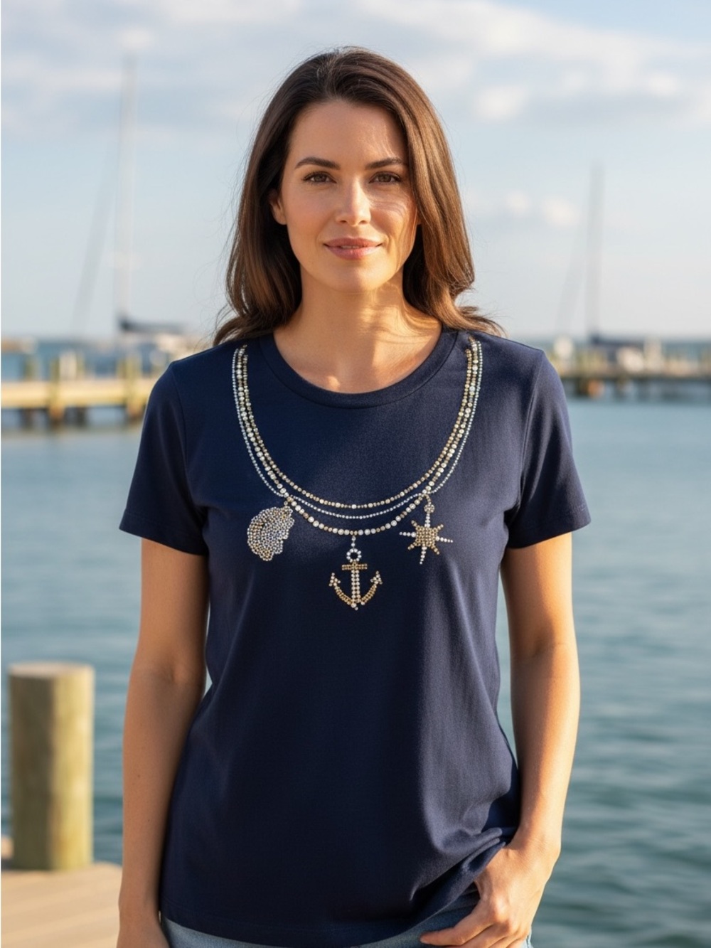Navy hand made Rhinestone Nautical Charm Tee